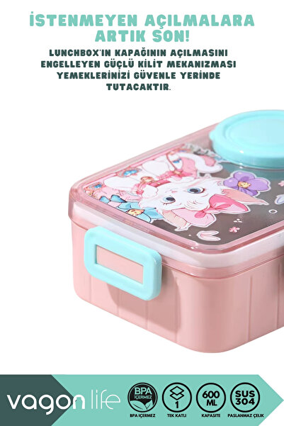 Vagonlife Bento 600ml Yeni Lunchbox Serisi Sevimli Desenli Tek Katlı Bölmesiz Mini Sosluklu Sızdırmaz Paslanmaz Çelik Sefer Tası Çocuk Okul Yemek Kutusu BPA Yok Özel Kutulu