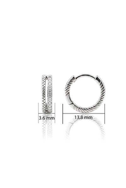 Söğütlü Silver 925 Ayar Gümüş Beyaz Altın Rodyumlu Çift Sıra Dokulu Taşlı Halka Küpe - Burgu Desenli Zirkon Huggie