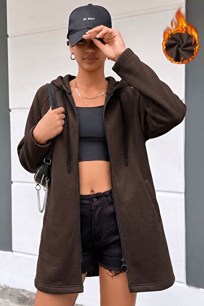 Mood Lab KAPŞONLU FERMUARLI UZUN KALIN OVERSIZE ÖRME HIRKA SWEATSHIRT