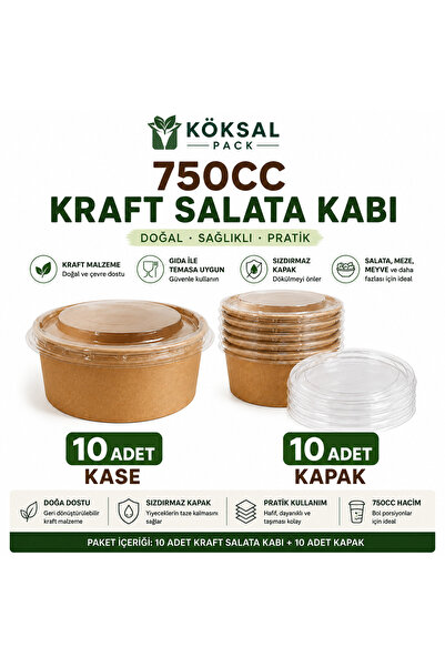 Köksal Pack 10 Adet 750 CC Kraft Salata Kasesi 10 Adet Şeffaf PET Kapaklı Bow...