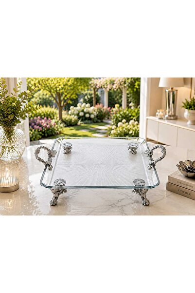 Buldem Square Glass Presentation Tray with Silver Feet and Handles – Stylish ...