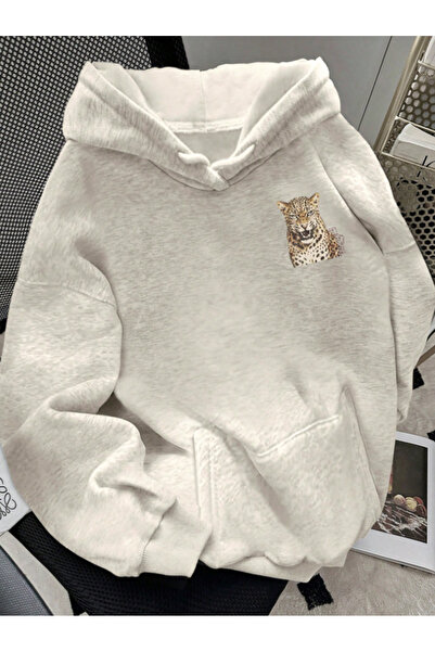 MODARİCH Unisex Kadın/Erkek LEOPAR Özel Tasarım Baskılı Oversize Pamuklu Kapüşonlu Sweatshirt