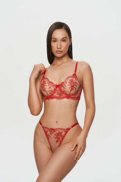 Trendyup Set lenjerie intimă sexy femei 2 piese Irina, sutien și chilot tanga din tul brodat floral, Roșu