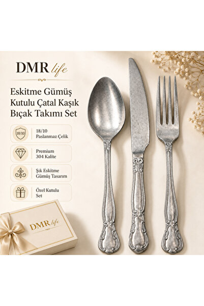 DMR LİFE Milano Eskitme Gümüş 18 Parça Tatlı Grubu Kutulu Çatal Kaşık Bıçak T...