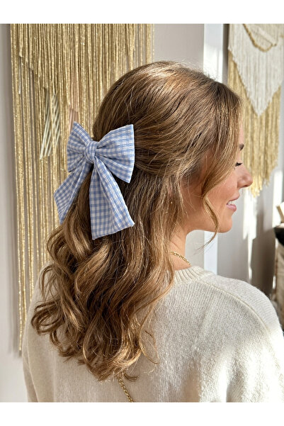 MODA Blue Gingham Patterned Bow Hair Clip with Clip-On Fastener