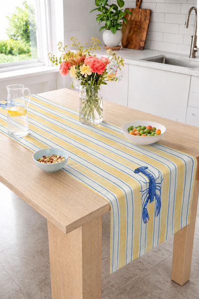 Realhomes Blue Lobster Figured Yellow and Blue Striped 40X140Cm Digital Print...