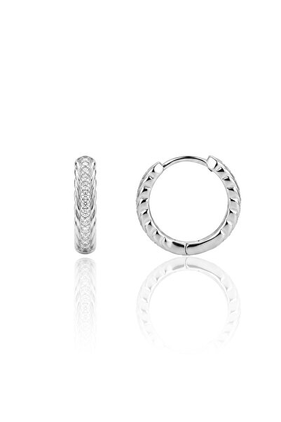 Söğütlü Silver 925 Ayar Gümüş Beyaz Altın rodyumlu Balıksırtı Taşlı Halka Küpe - Örgü Motifli Zirkon Taşlı Huggie K