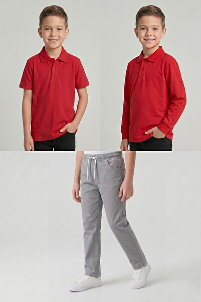 nacar çarşı Boys' School Red Long and Short Sleeve Polo Collar T-Shirt Gray R...