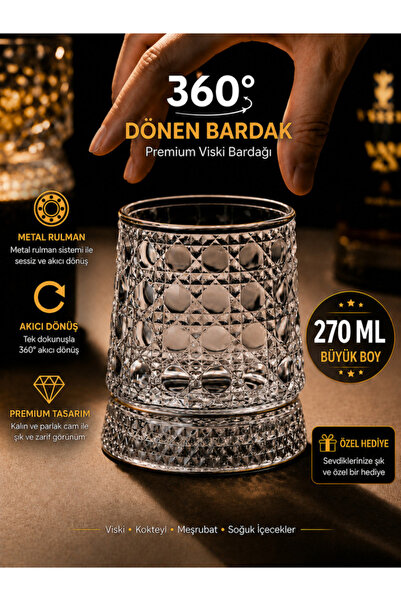 CHANCE GİFT 360 Derece Dönen Metal Rulmanlı Cam Bardak Kristal Desenli Premiu...