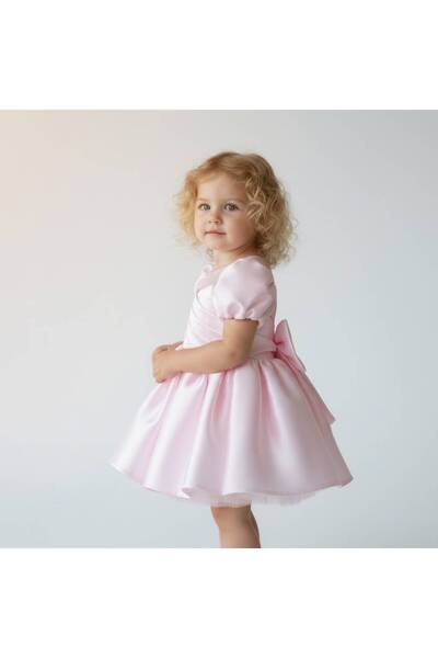 Aslı Türkoğlu Girl's Pink Satin Draped Detailed Puffy Evening Dress - Special Outfit for Birthday Girl