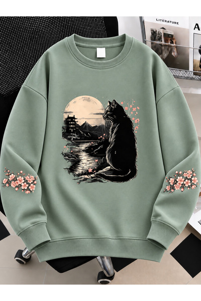 MODARİCH Unisex Kadın/Erkek KARA KEDİ Özel Tasarım Baskılı Oversize Pamuklu K...