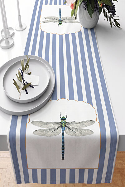 Realhomes Dragonfly Insect Figured Blue and White Striped 40X140Cm Digital Pr...