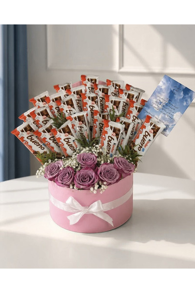 Kinder Chocolate Gift Bouquet with Natural Flower Arrangement in a Round Box