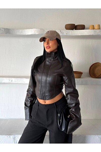 Kadın Yeni Sezon Korse Detaylı Crop Deri Ceket