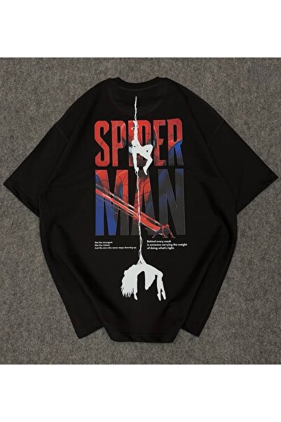 Minga London Siyah Örümcek Adam Ağ Baskılı Oversize T-Shirt