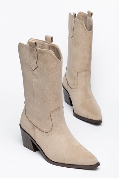 Generic Brand Beige Suede Western Cowboy Boots with Brown Sole, Medium Height