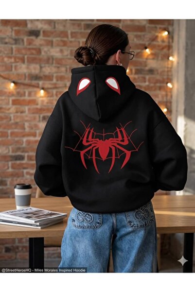 Minga London Siyah Örümcek Gözü Baskılı Kapşonlu Sweatshirt