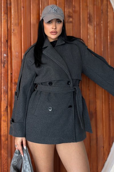 moda armanc Kadın Kuşaklı Kaşe Trençkot Ceket Dik Yaka Çift Düğmeli Oversize Kaban
