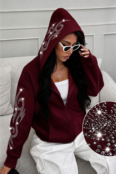 MOONBULL Kadın Kolları ve Kapüşonu Tribal Desen Taş Baskılı Fermuarlı Sweatshirt