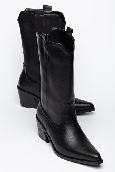 Generic Brand Black Leather Western Cowboy Black Sole Medium Length Boots