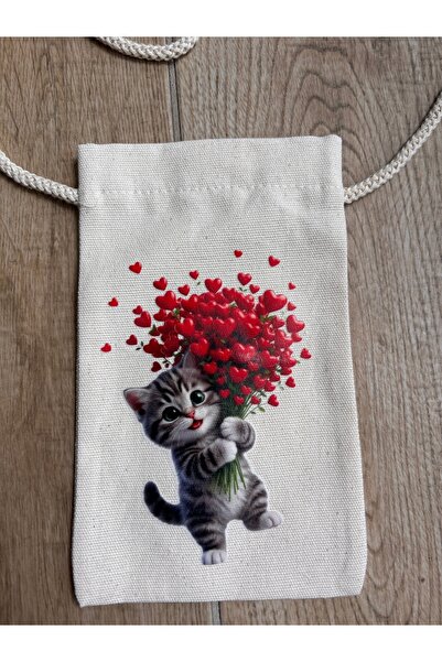 BİLGENS BUTİK Cotton Raw Fabric Cat Figured Mobile Phone Bag