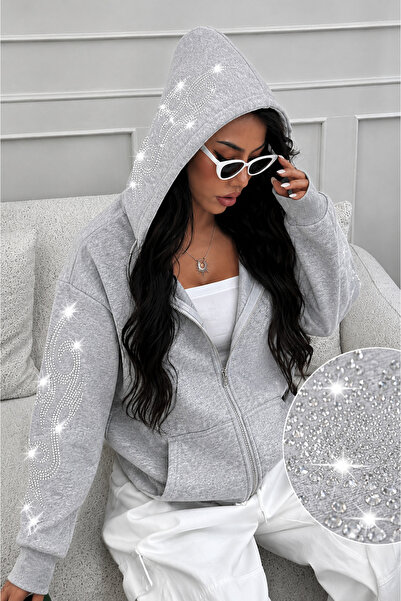 MOONBULL Kadın Kolları ve Kapüşonu Tribal Desen Taş Baskılı Fermuarlı Sweatshirt