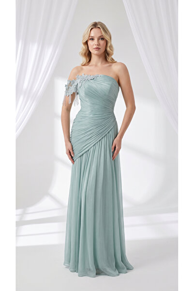 holie dress DRAPELİ OMUZ TAŞ İŞLEMELİ UZUN ABİYE ELBİSE