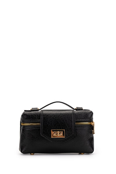 minebag Lock Detailed Box Shape Faux Leather Women's Crossbody Bag Lulu Black