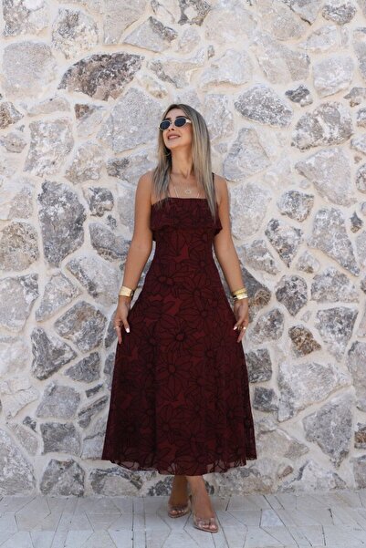 bytugcekaya Bordo İnce Askılı Sim Detay Elbise
