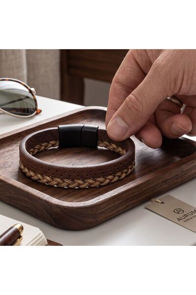 toptanhanem Brown Braided Detailed Men's Leather Bracelet with Steel Clip