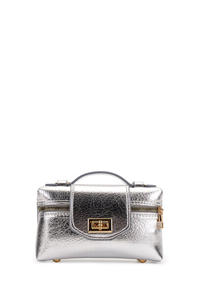 minebag Lock Detailed Box Form Faux Leather Women's Crossbody Bag Lulu Silver...