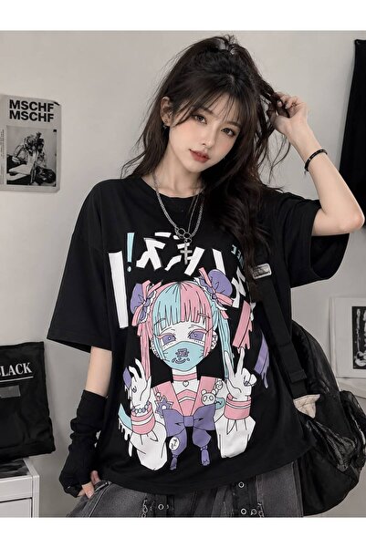Minga London Siyah Anime Maskeli Baskılı Oversize T-Shirt