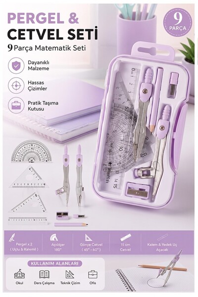 Artmaster Lila Metal Pergel Seti 9 Parça 1 Paket 9121 Profesyonel Pergel Çizi...