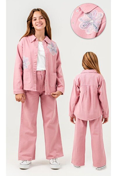 Kız Çocuk 3lü Pembe Çiçek İşlemeli Kot Ceket ve Bol Paça Pantolon Takımı