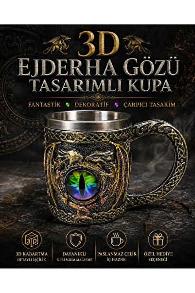 METTREND 3D Ejderha Gözü Tasarımlı Paslanmaz Çelik İç Hazneli Dekoratif Fanta...