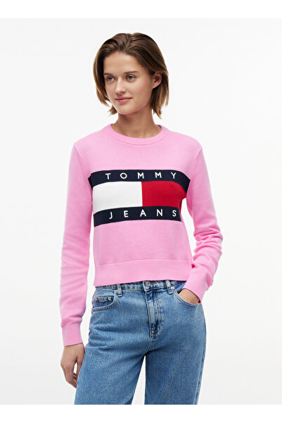 Tommy Jeans Pembe Kadın Bisilet Yaka Logo Baskılı Kazak DW0DW22930TOU