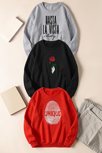 uyguntarz Unisex Mixed Printed Crew Neck Sweatshirt Set – Pack of 3