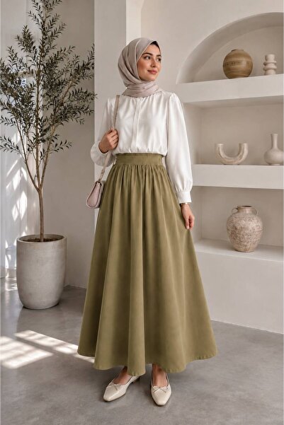 BILDEŞA Olive Khaki Double Skirt with Elastic Waist and Pockets