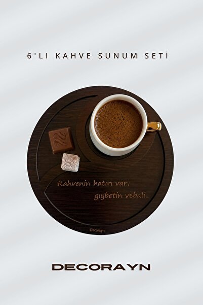 Decorayn 6’lı Ahşap Kahve Sunum Seti Yuvarlak Türk Kahvesi Sunum Tepsisi Serv...
