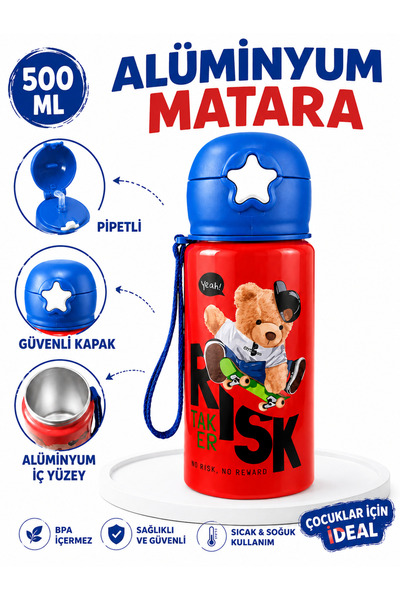 monthiron Aluminum Water Bottle 500 ml Children's Water Bottle with Straw Lea...