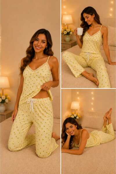 Bambu Limon Desenli Askılı Pijama Takımı