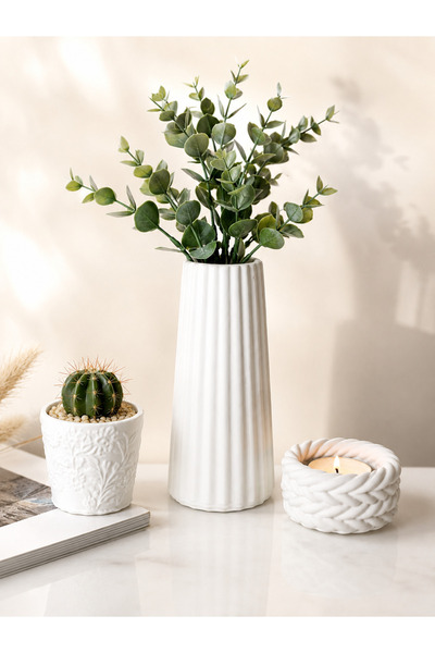 Morfi Dekoratif Seramik 3'lü Set – Saksı, Vazo ve Mumluk Seti – Modern Ev Dek...
