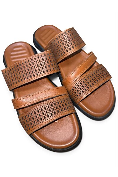 SHOP MALL Genuine Leather Handmade Brown Tan Men's Slippers