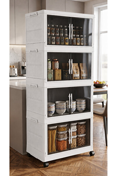 EMİLA HOME 4'lü Tekerlekli Organizer Dolap & 4'lü Portatif Istiflenebilir Pla...