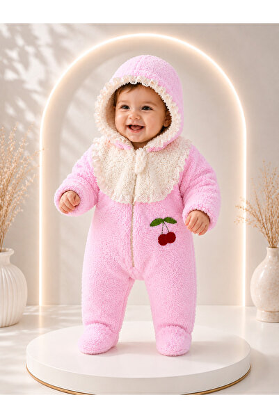 Nehad Bebe Baby Girl Welsoft Jumpsuit Cherry Embroidered Ruffle Detailed Hood...
