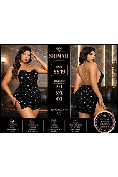 Büyük Beden Siyah Payetli Babydoll Gecelik – Işıltılı Sırt Dekolteli Şık Kadın İç Giyim 2XL 3XL 4XL