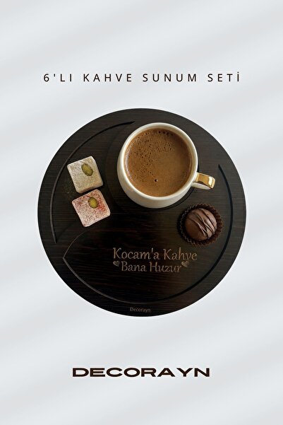 Decorayn 6’lı Ahşap Kahve Sunum Seti Yuvarlak Türk Kahvesi Sunum Tepsisi Serv...