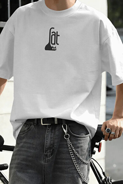 Nakışlı Cat Yazılı Oversize Tişört, Kedi Temalı Minimal Nakış Desenli Unisex T-Shirt