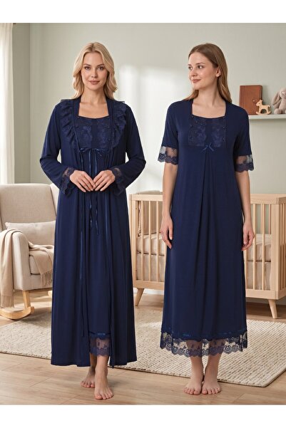 Lohussa New Season Navy Blue Short Sleeve Elegant Lace Detailed Design Breast...