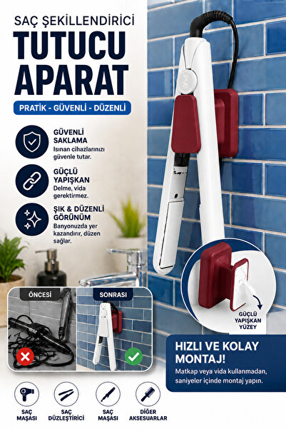 Tor Store Kendinden Yapışkanlı Saç Düzleştirici Tutucu Duvar Askısı Saç Maşas...